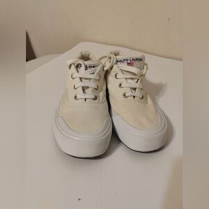 Polo Sport Ralph Lauren Canvas Shoes Size 7 1/2 Cream Spellout Deck Shoes